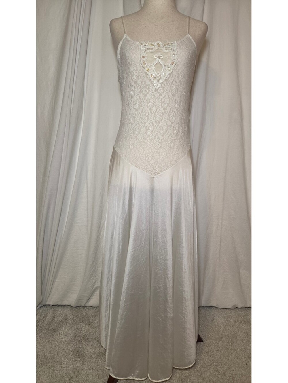Val Mode Night Gown Size Small Ivory Sheer Lace Sequins Long Vintage